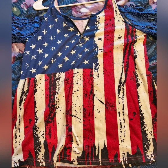 Unknown Red, White & Blue American Flag Cold Shoulder Top With Lace Sleeves - Picture 2 of 5